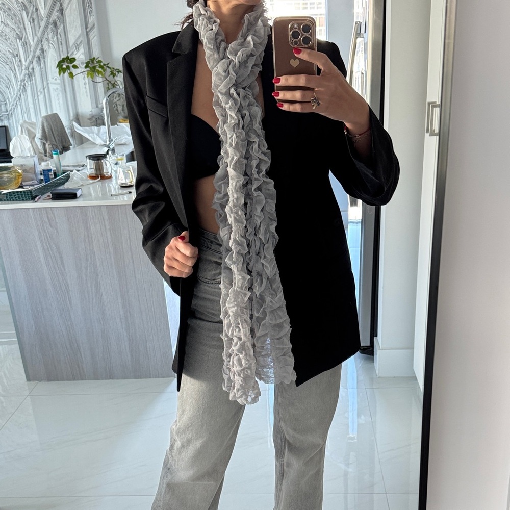 Romantic Ruffled Sheer Mesh Scarf Wrap Gray Statement Piece